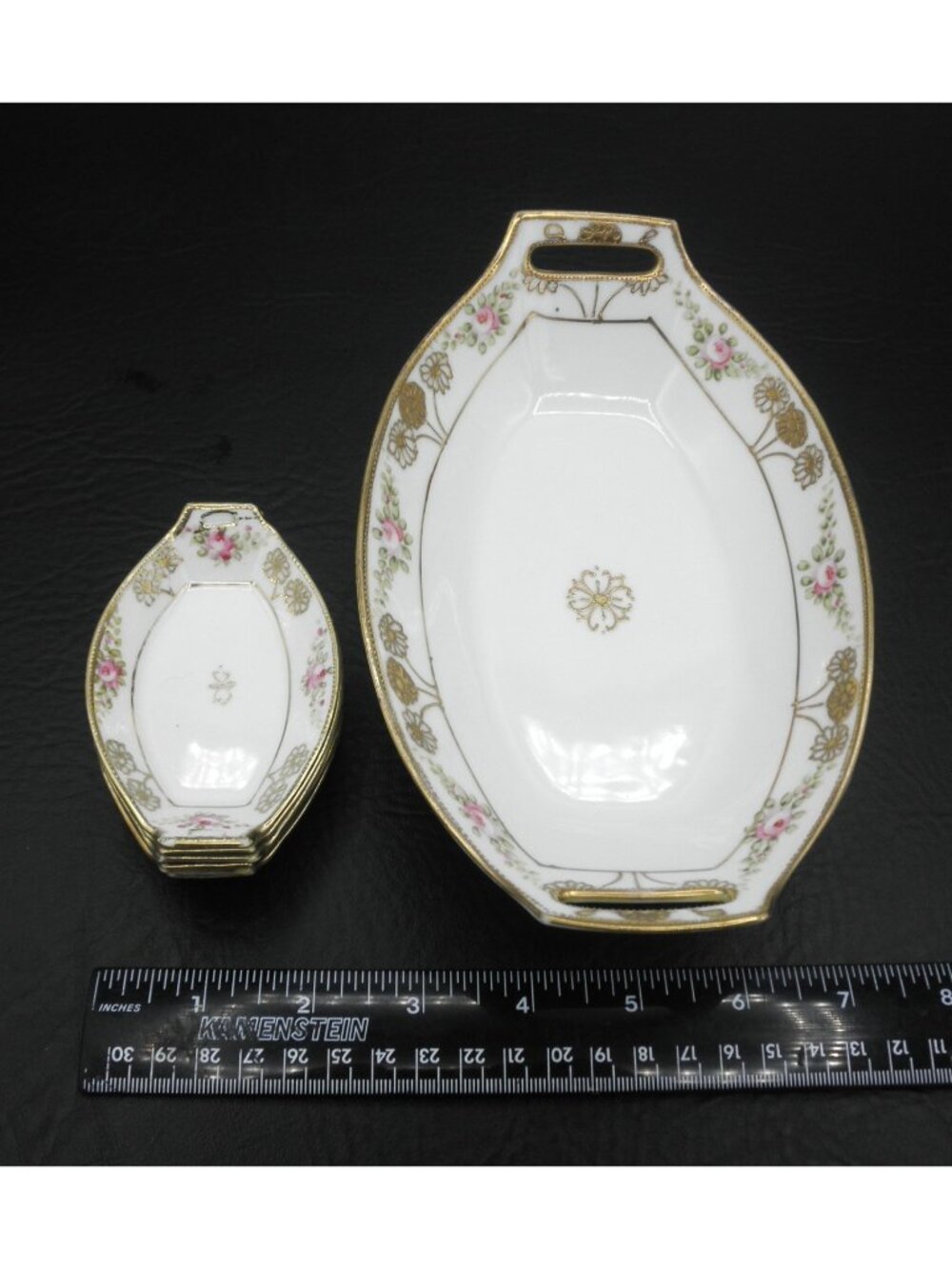 Antique Nippon Hand Painted Relish Dish With 6 Matching Salt Dishes Gold Accents - Picture 7 of 8